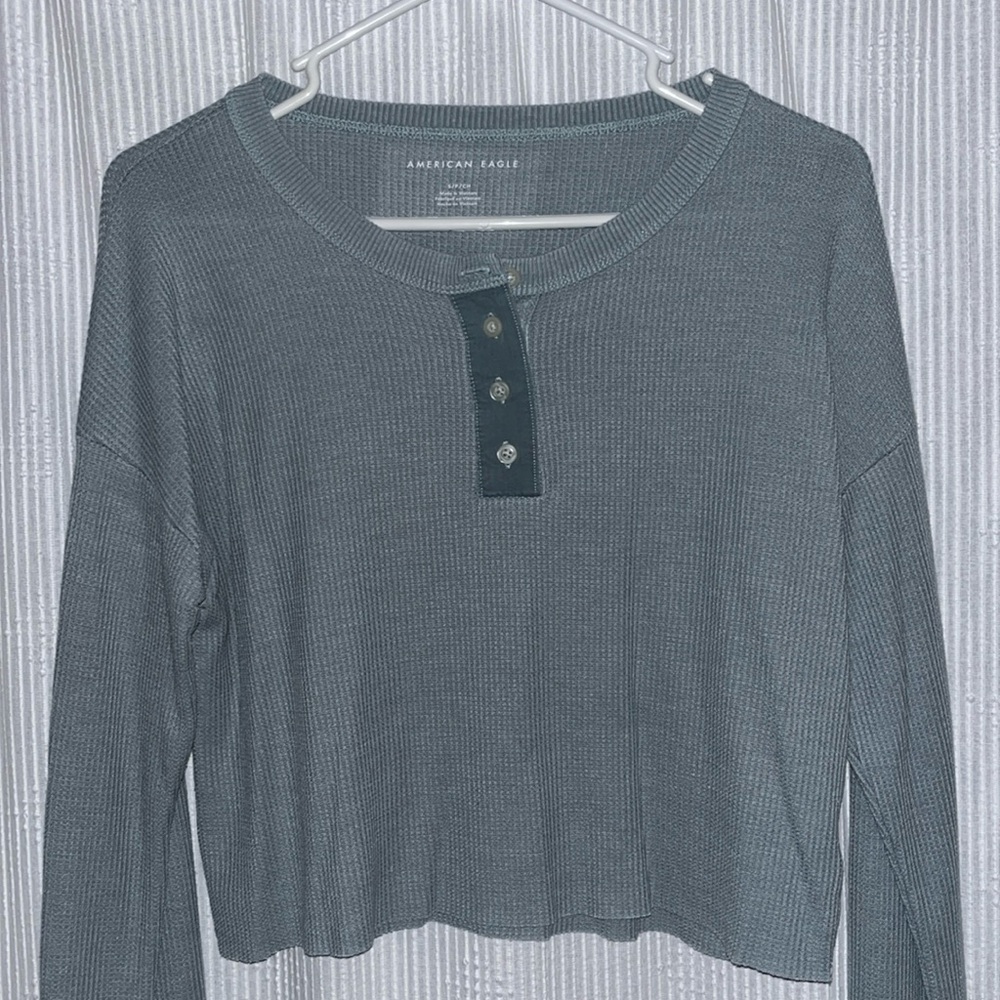 American Eagle Shirt Womens Medium Green Waffle Knit Cropped Henley Streetwear